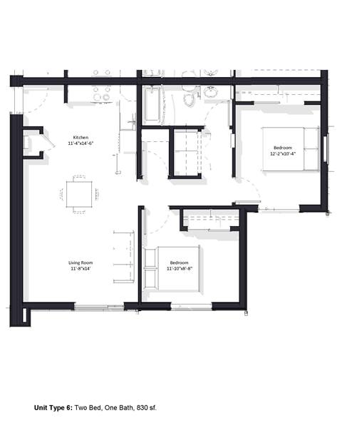 Floor plan for 2 beds, 1 bath, 830 sqft